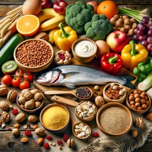 Eine Vielfalt gesunder Lebensmittel auf einem Tisch, darunter frisches Obst und Gemüse, Vollkornprodukte, Nüsse, Samen und mageres Protein wie Fisch und Hühnchen, symbolisiert eine ausgewogene Ernährung für das gesunde Abnehmen