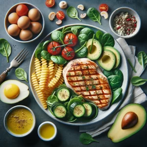 Ein realistisches und authentisches Bild einer gesunden Mahlzeit, die reich an Proteinen, gesunden Fetten und komplexen Kohlenhydraten ist
